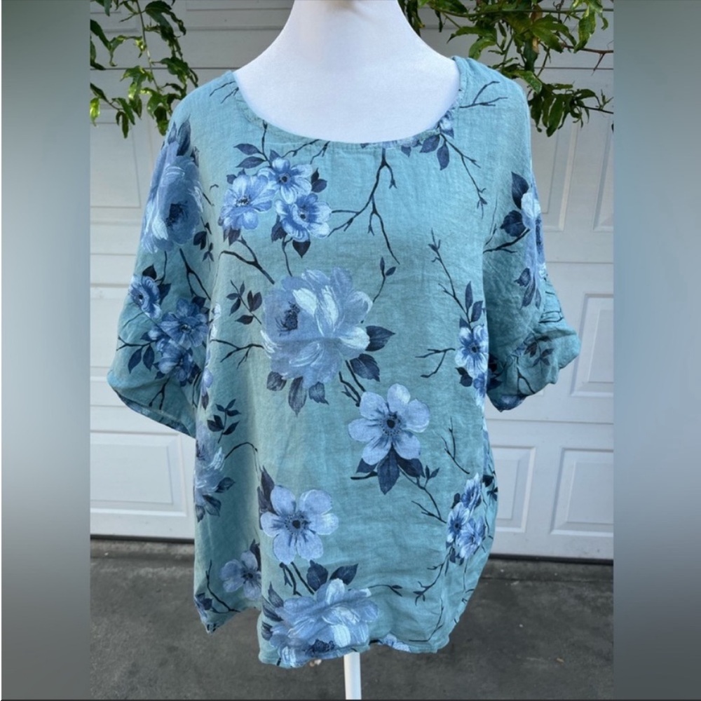 Elena Baldi Tunic Top Half Sleeve Blue Floral Blouse 100% Linen small